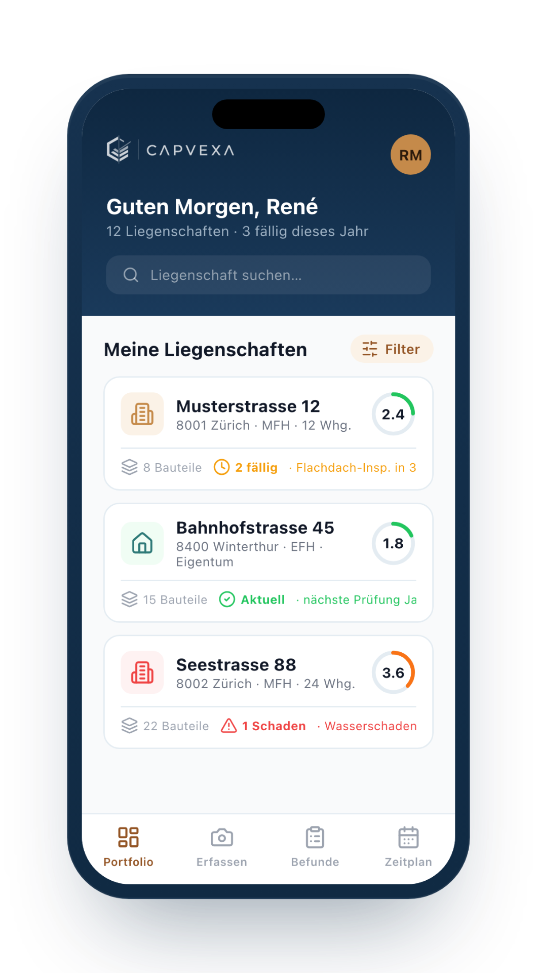 Mobile Capvexa-Portfolioansicht mit Liegenschaftsstatus, Fälligkeiten und Zustandswerten